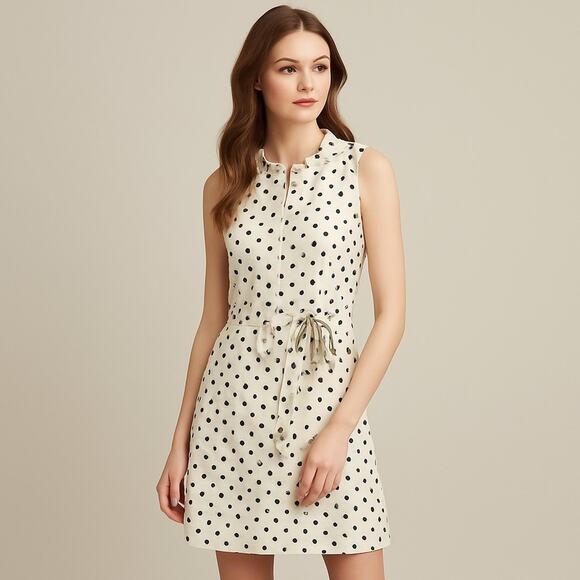 TORY BURCH Graham Tapioca Monde Dress Cream Black Polka Dot Snap Belted Size 8 - Picture 14 of 15